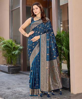 Women's premium blue banarasi silk blend saree with heavy zari weaving and designer pallu | ethnic wedding saree 1
