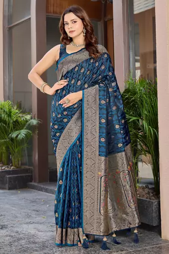 Women's premium blue banarasi silk blend saree with heavy zari weaving and designer pallu | ethnic wedding saree