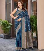 Women's premium blue banarasi silk blend saree with heavy zari weaving and designer pallu | ethnic wedding saree