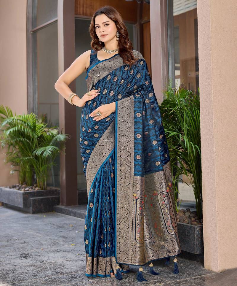 Women's premium blue banarasi silk blend saree with heavy zari weaving and designer pallu | ethnic wedding saree