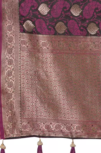 Women's traditional wine banarasi saree rich jacquard weaving, gold zari floral jaal design party wear & festive saree