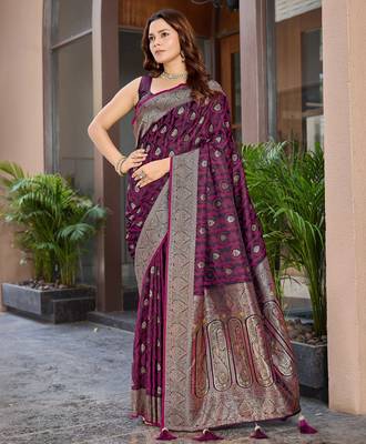 Women's premium wine banarasi silk blend saree with heavy zari weaving and designer pallu | ethnic wedding saree 1