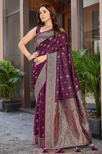 Women's premium wine banarasi silk blend saree with heavy zari weaving and designer pallu | ethnic wedding saree
