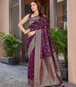 Women's premium wine banarasi silk blend saree with heavy zari weaving and designer pallu | ethnic wedding saree