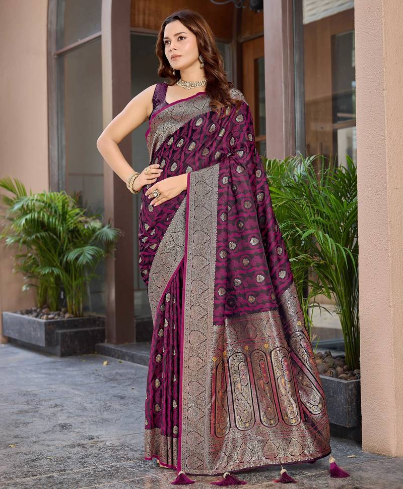 Women's premium wine banarasi silk blend saree with heavy zari weaving and designer pallu | ethnic wedding saree