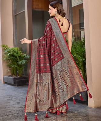 Women's premium maroon banarasi silk blend saree with heavy zari weaving and designer pallu | ethnic wedding saree 2