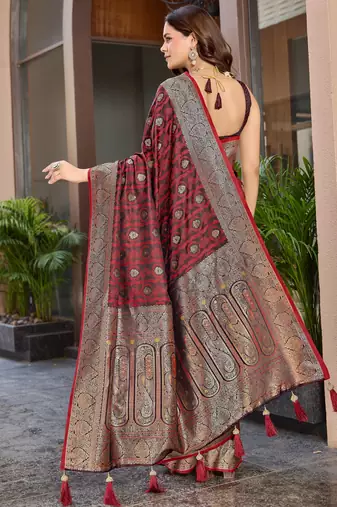 Women's premium maroon banarasi silk blend saree with heavy zari weaving and designer pallu | ethnic wedding saree