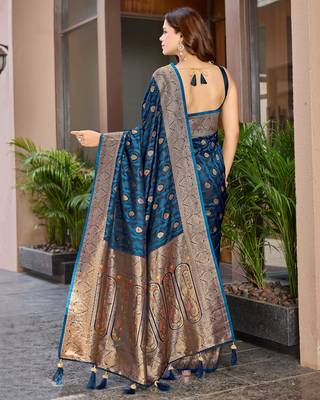 Women's premium blue banarasi silk blend saree with heavy zari weaving and designer pallu | ethnic wedding saree 2