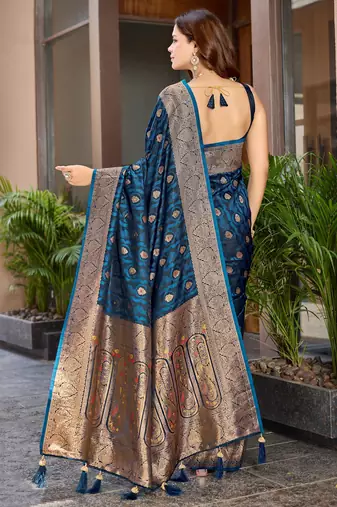Women's premium blue banarasi silk blend saree with heavy zari weaving and designer pallu | ethnic wedding saree