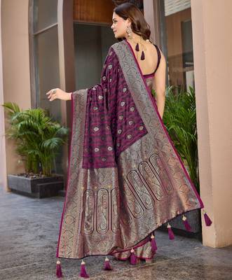 Women's premium wine banarasi silk blend saree with heavy zari weaving and designer pallu | ethnic wedding saree 2