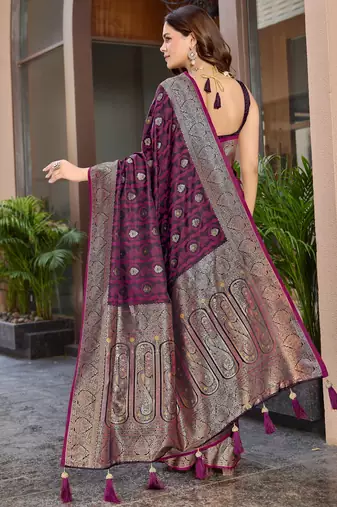 Women's premium wine banarasi silk blend saree with heavy zari weaving and designer pallu | ethnic wedding saree