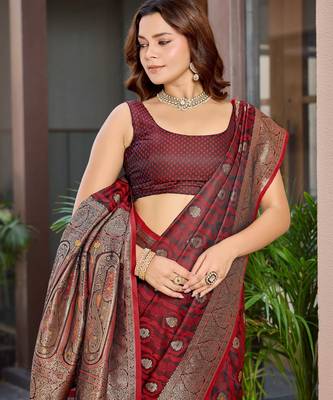 Women's premium maroon banarasi silk blend saree with heavy zari weaving and designer pallu | ethnic wedding saree 3