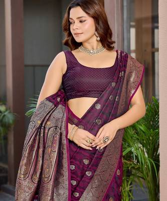Women's premium wine banarasi silk blend saree with heavy zari weaving and designer pallu | ethnic wedding saree 3