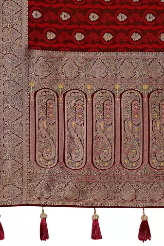 Women's premium maroon banarasi silk blend saree with heavy zari weaving and designer pallu | ethnic wedding saree