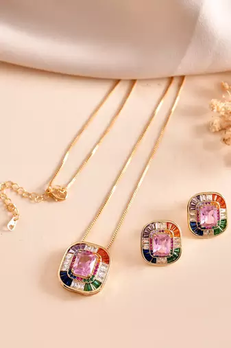 Multicolor square pendant chain with pink stone – gold finish statement pendant chain for women