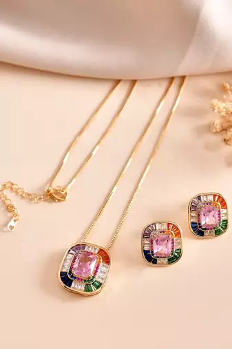 Multicolor square pendant chain with pink stone – gold finish statement pendant chain for women