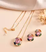 Multicolor square pendant chain with pink stone – gold finish statement pendant chain for women