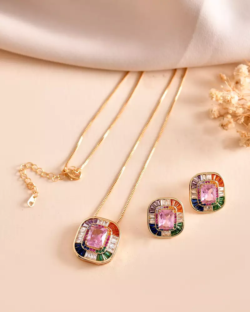 Multicolor square pendant chain with pink stone – gold finish statement pendant chain for women