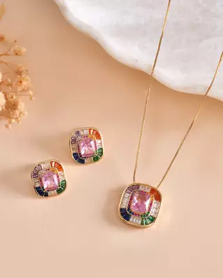 Multicolor square pendant chain with pink stone – gold finish statement pendant chain for women 2