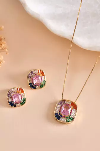 Multicolor square pendant chain with pink stone – gold finish statement pendant chain for women