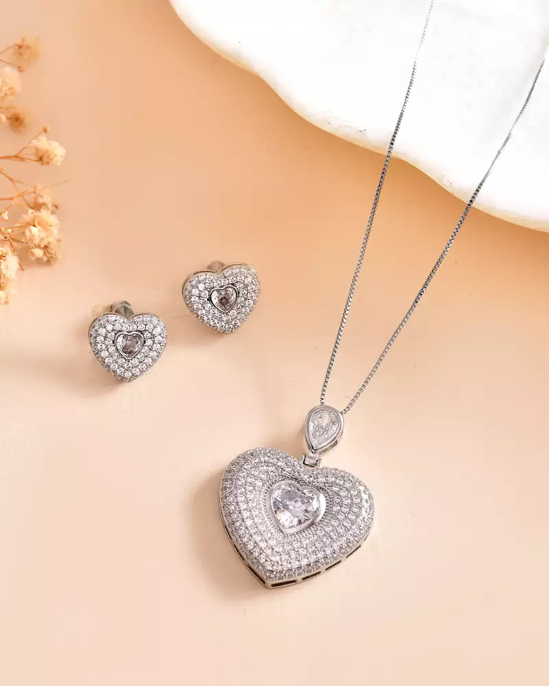 Silver heart pendant set with cz stones for women