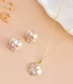Elegant gold plated round pendant chain with stud earrings set for women