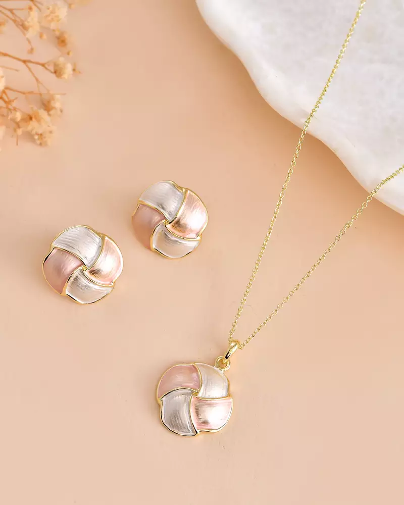 Elegant gold plated round pendant chain with stud earrings set for women
