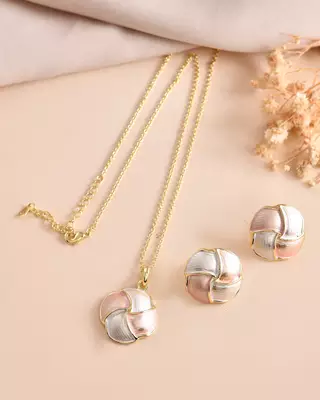 Elegant gold plated round pendant chain with stud earrings set for women 2