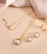 Gold-tone pearl halo pendant chain set with crystal detailing for women