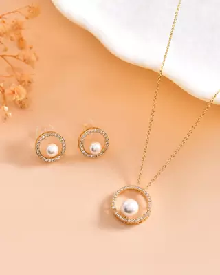 Gold-tone pearl halo pendant chain set with crystal detailing for women 2