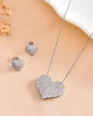 Silver heart american diamond statement pendant set 1
