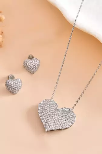 Silver heart american diamond statement pendant set