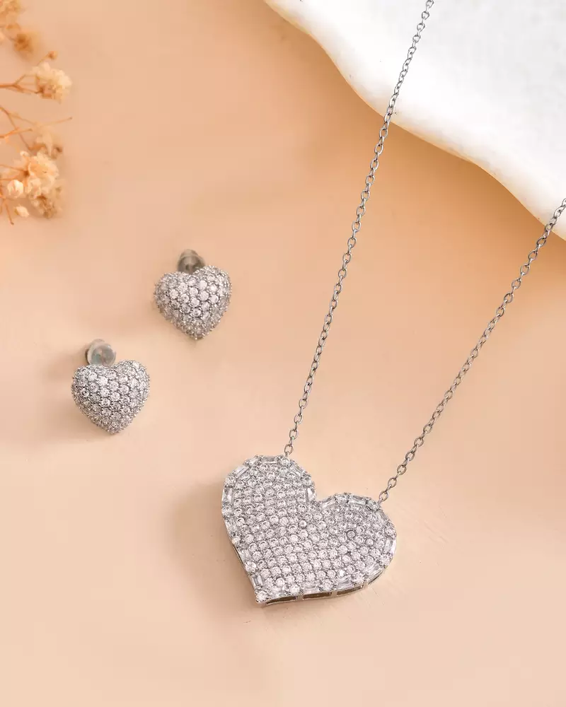 Silver heart american diamond statement pendant set