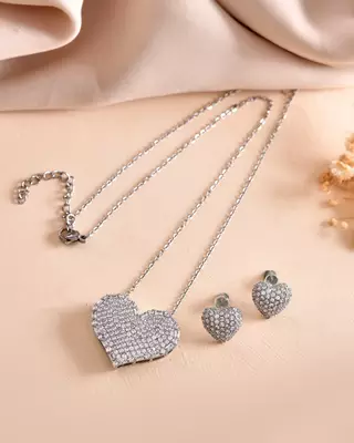 Silver heart american diamond statement pendant set 2