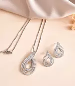 Luxury teardrop diamond pendant  set in silver finish with matching earrings