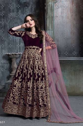 wine colure cording work velvet anarkali gown