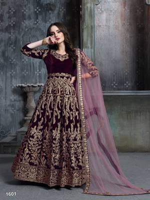 wine colure cording work velvet anarkali gown 1