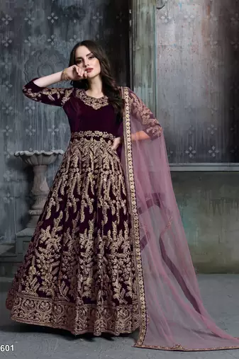 wine colure cording work velvet anarkali gwon