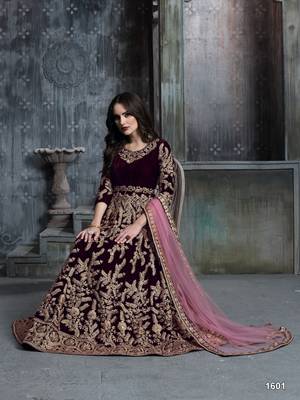 wine colure cording work velvet anarkali gown 2