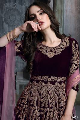 wine colure cording work velvet anarkali gown 3