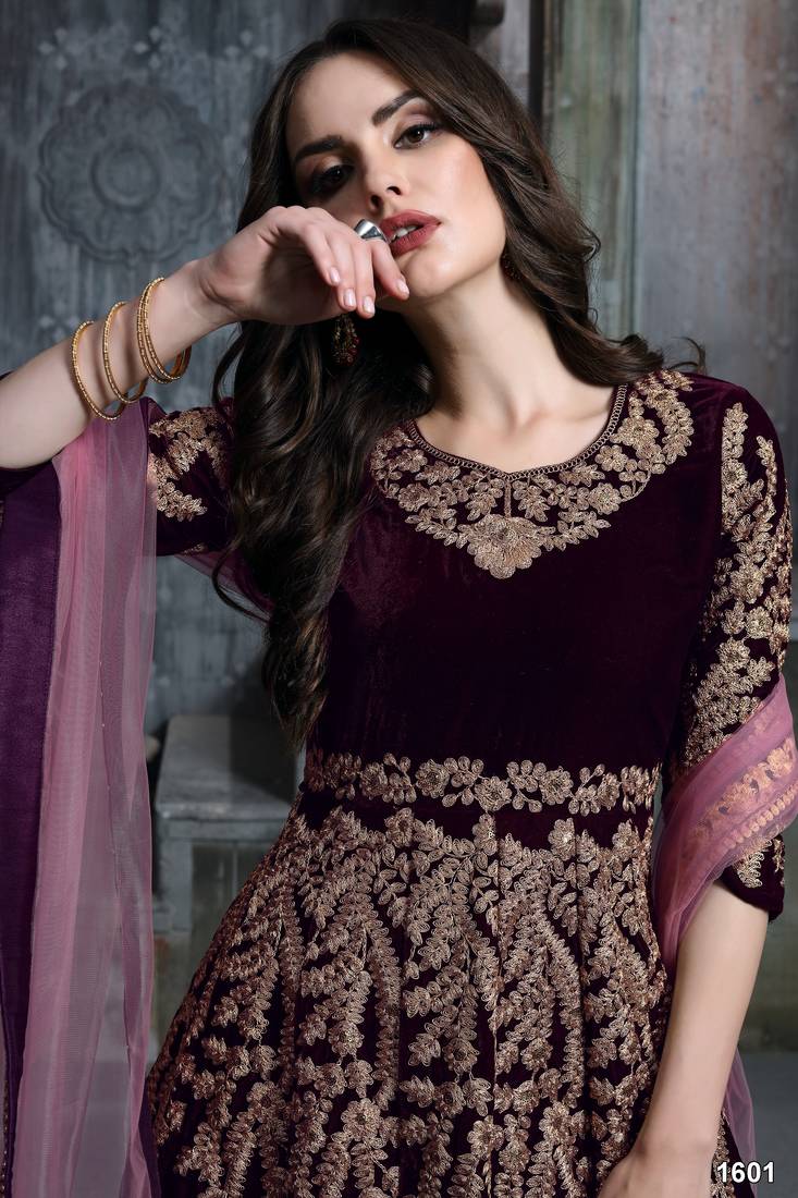 wine colure cording work velvet anarkali gwon