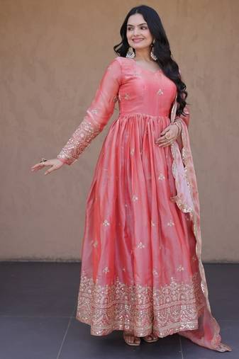 Heavy sequins & zari embroidered anarkali gown with dupatta for women