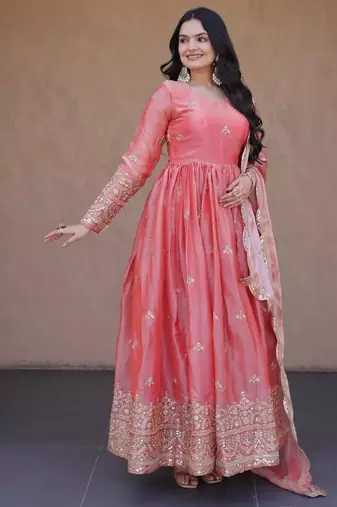 Heavy sequins & zari embroidered anarkali gown with dupatta for women