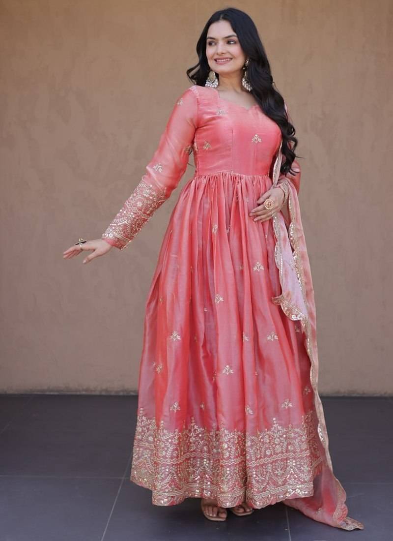 Heavy sequins & zari embroidered anarkali gown with dupatta for women
