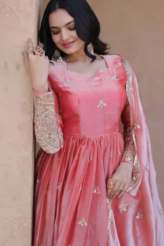 Heavy sequins & zari embroidered anarkali gown with dupatta for women