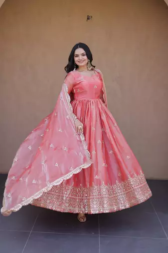 Heavy sequins & zari embroidered anarkali gown with dupatta for women