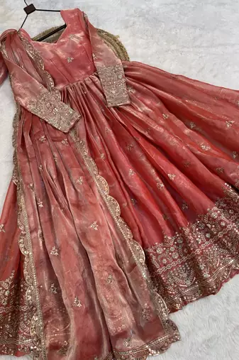 Heavy sequins & zari embroidered anarkali gown with dupatta for women
