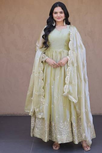 Heavy sequins & zari embroidered anarkali gown with dupatta for women