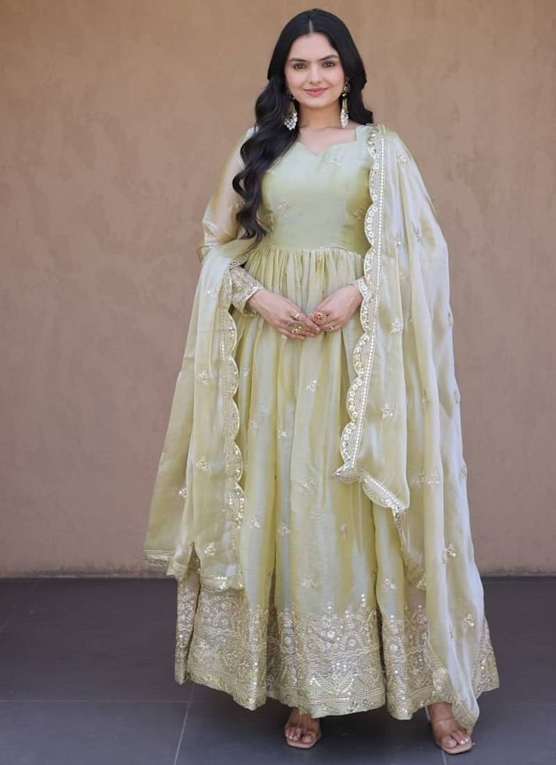 Heavy sequins & zari embroidered anarkali gown with dupatta for women