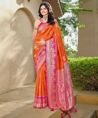 Women's ethnic banarasi silk blend saree | orange color with pink border for festive & bridal functions 1